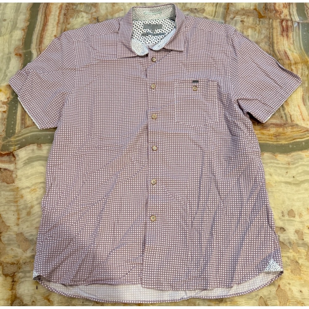 Ted Baker London Mens Button-Up Shirt White Maroon Short Sleeve Argyle 5/XL